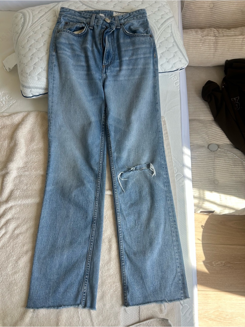 rag & bone Light Blue Wide-Leg Jeans with Knee Rip